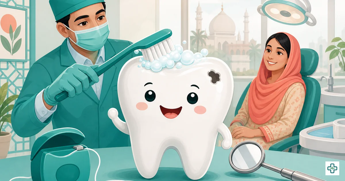 Illustration of healthy teeth, toothbrush and dental care protecting against cavities