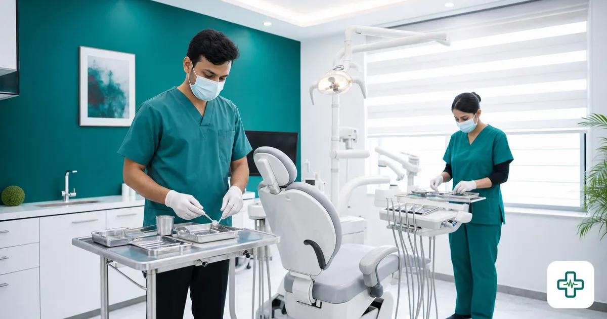 Bangladeshi dentist preparing instruments beside a modern dental chair in a clean clinic