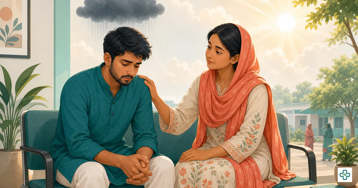 Illustration of a sad person being comforted, symbolising depression and anxiety support