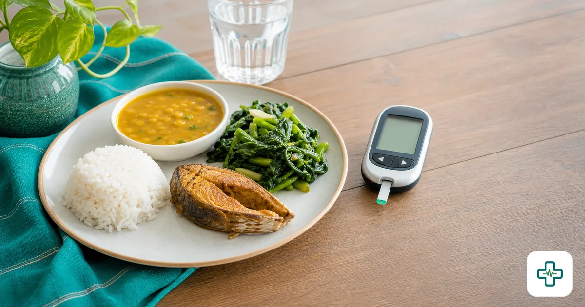 A photorealistic image of a glucometer showing a blood sugar reading next to a healthy Bangladeshi plate with a small portion of rice, fish, lentils and green vegetables on a wooden table