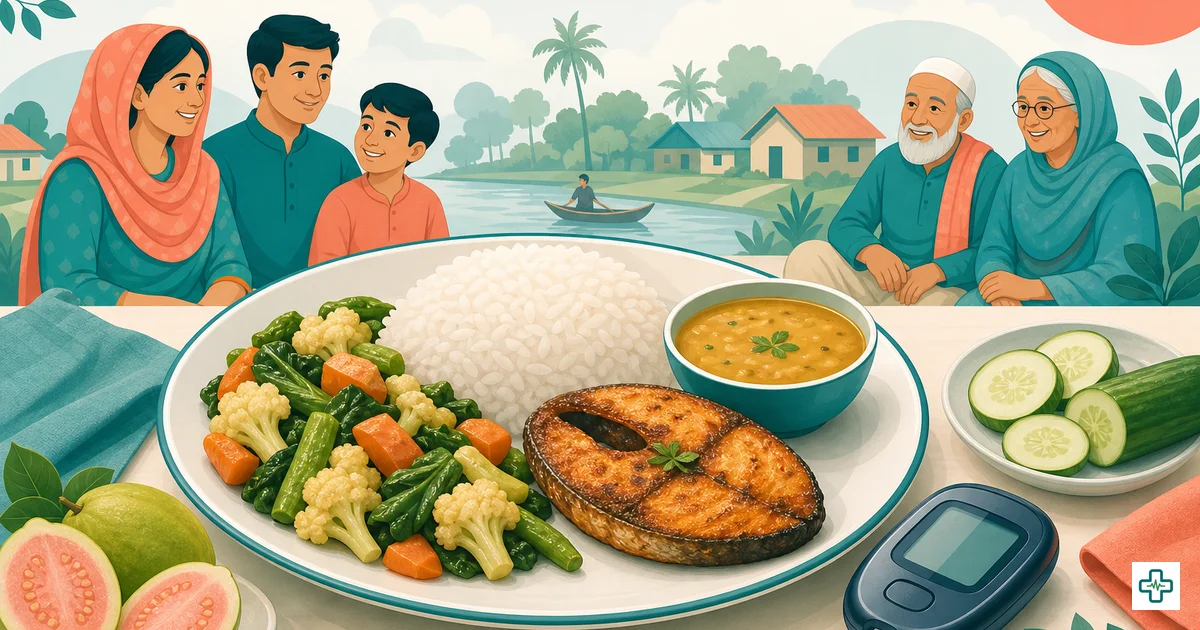 Balanced Bangladeshi diabetes diet plate with measured rice, fish, vegetables and glucometer