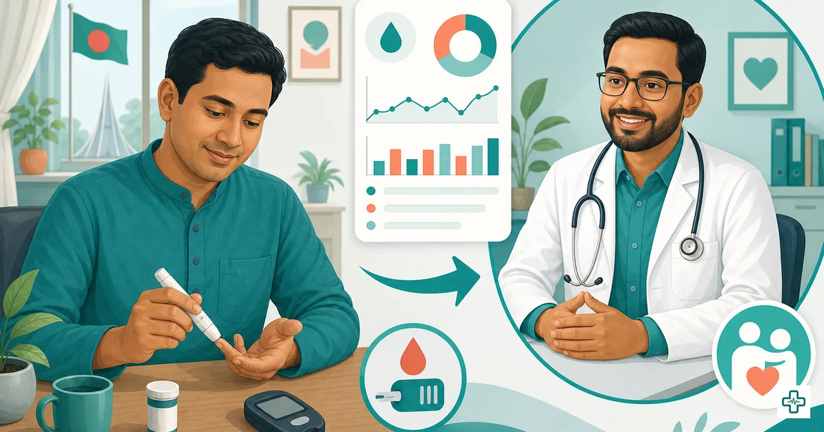 Diabetes: which doctor to see in Bangladesh — GP, medicine specialist and endocrinologist diabetes specialist consulting a patient with HbA1c report
