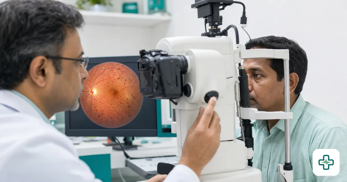 Photorealistic close-up of a retinal eye examination showing the back of a diabetic patient's eye with damaged blood vessels, ophthalmologist using a fundus camera