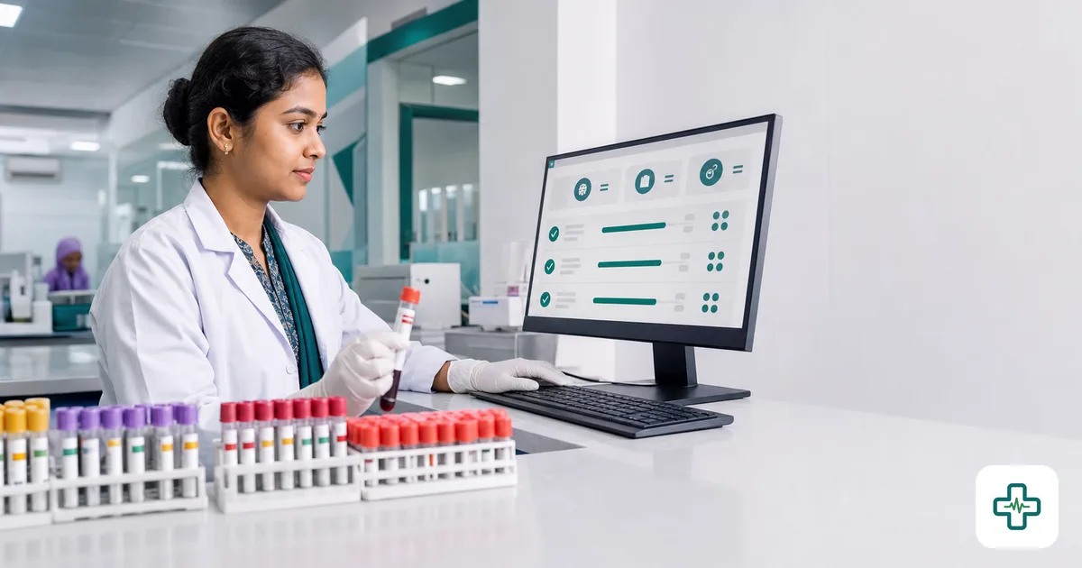 A diagnostic centre technician in Bangladesh tracking samples and delivering reports through software