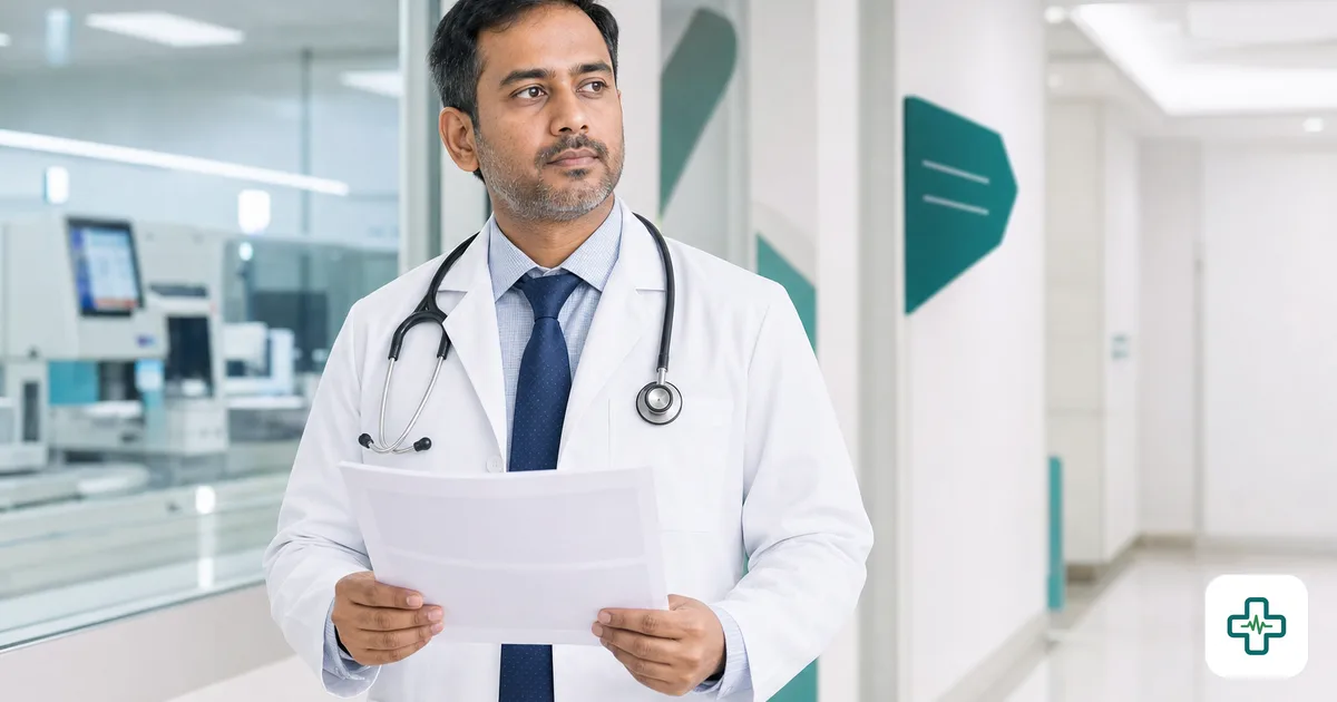 Bangladeshi doctor holding a diagnostic test referral slip in a modern pathology lab corridor