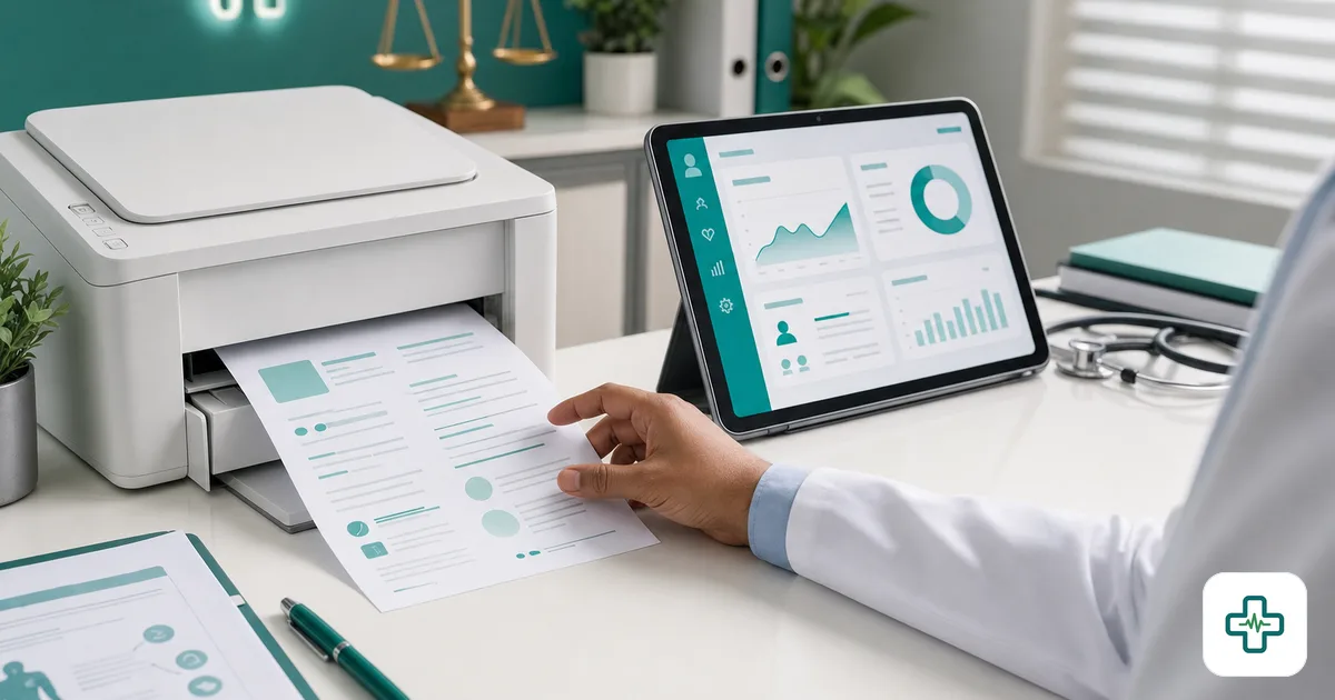 Printed digital prescription coming out of a printer beside a tablet on a Bangladeshi doctor's desk