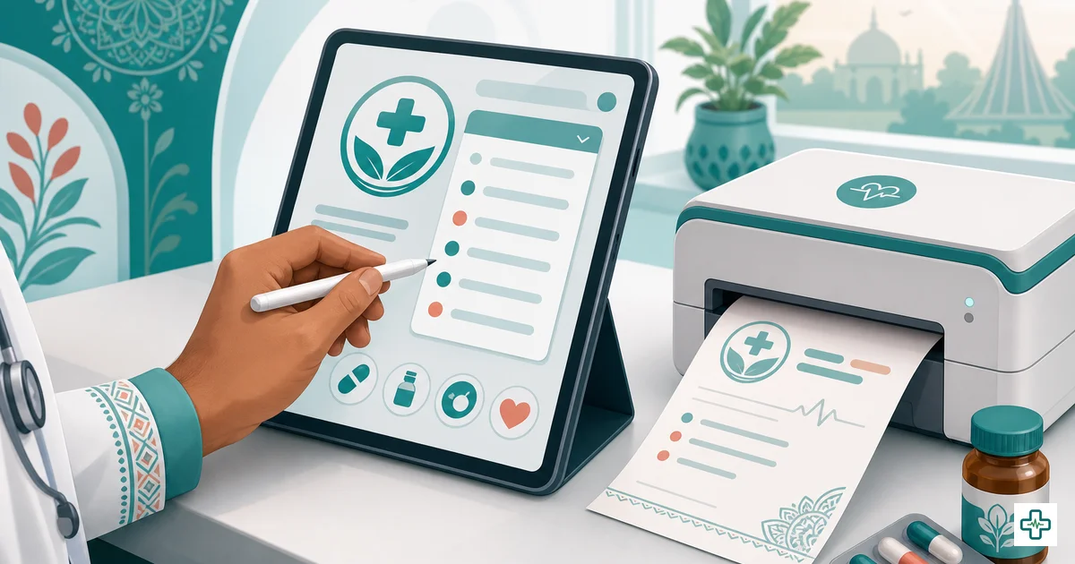 Doctors at a multi-doctor clinic in Bangladesh writing prescriptions on a shared digital prescription system with branded Rx-paper