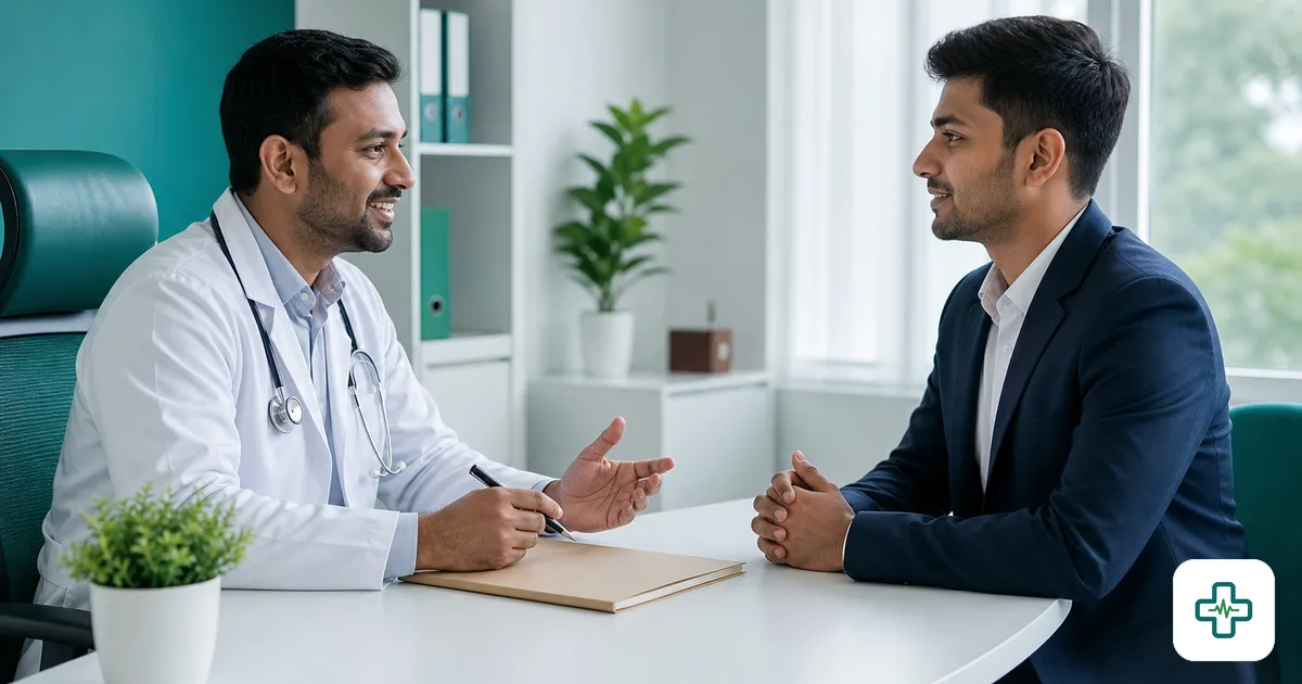 Bangladeshi doctor interviewing a candidate for a chamber assistant job across an office desk