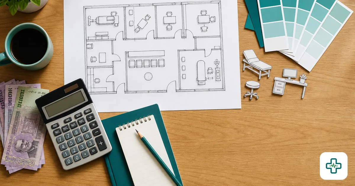 Calculator, taka notes and a chamber floor plan representing the cost of setting up a doctor's chamber in Bangladesh