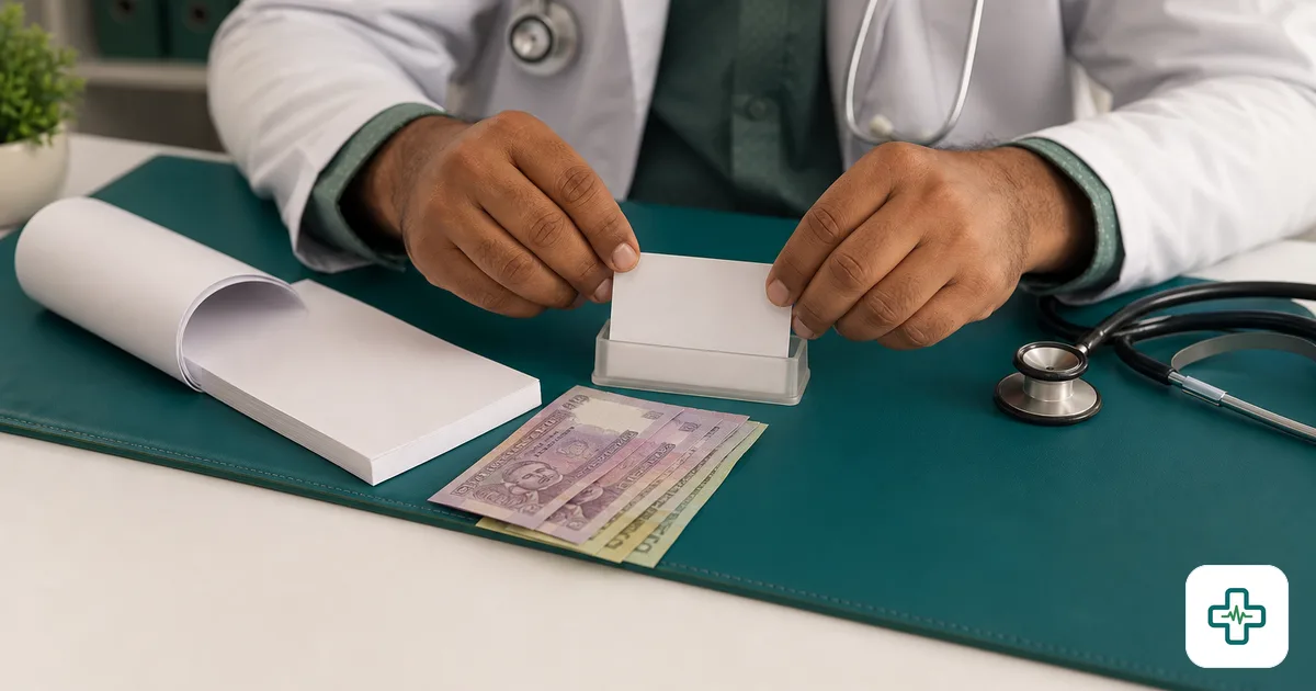 Bangladeshi doctor arranging a consultation fee card and receipt book on the chamber desk