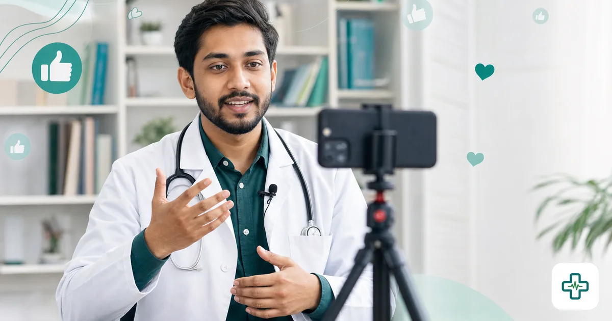 Young Bangladeshi doctor filming a health education video for Facebook with a clip-on microphone