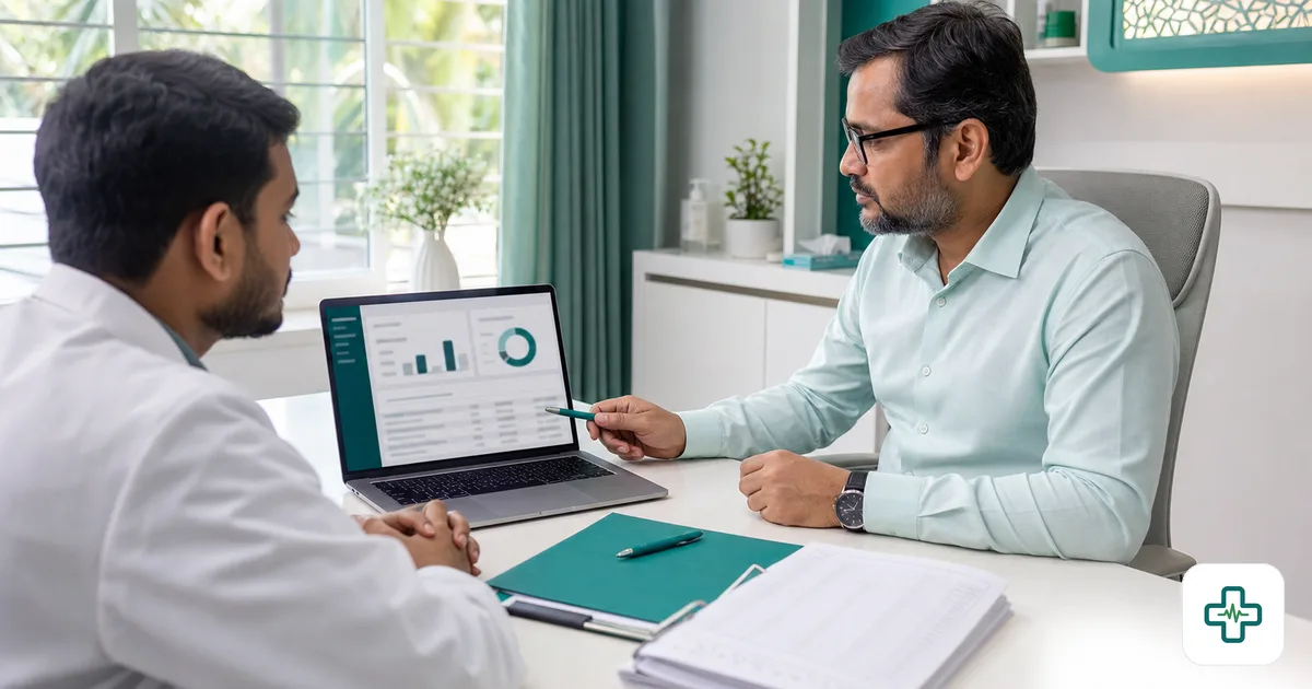 A clinic manager in Bangladesh reviewing each visiting doctor's revenue-share statement on a laptop instead of a paper register