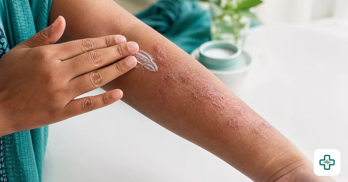 Close-up of dry, red eczema patches on a forearm with a hand applying fragrance-free moisturiser cream in soft natural light