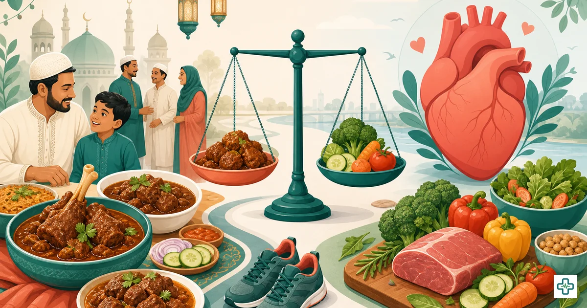 Eid-ul-Adha beef and mutton dishes balanced against a healthy heart with vegetables and lean portions