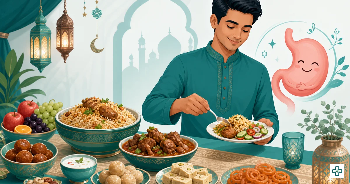 A festive Eid table of rich food next to a smaller balanced plate as the healthier choice