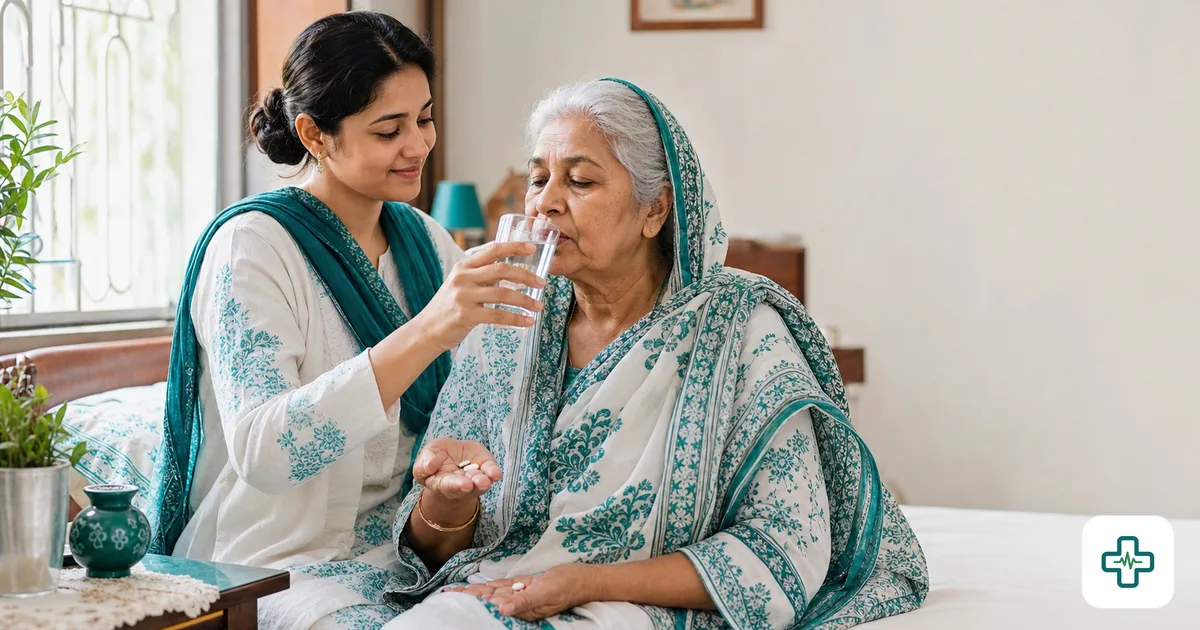 Photorealistic image of a young Bangladeshi woman gently helping her elderly mother take medicine and drink water at home, warm natural light