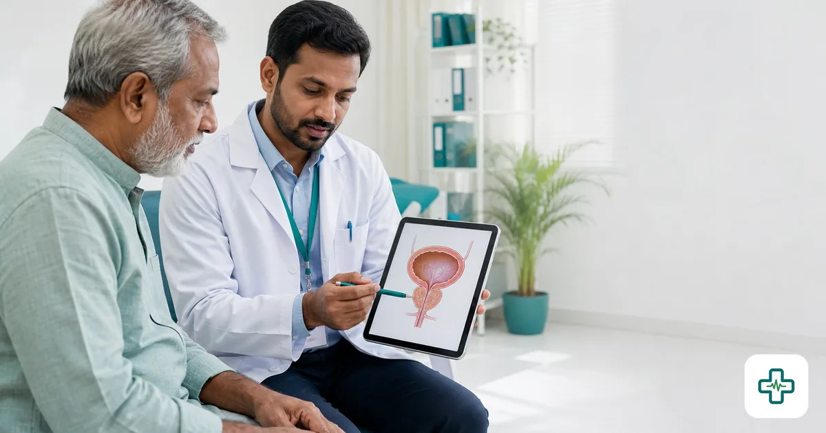 An older South Asian man sitting with a doctor who points to an anatomical diagram of the prostate and bladder during a calm clinic consultation