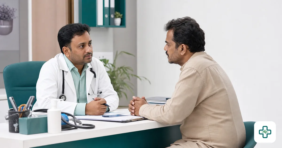 A middle-aged South Asian man speaking privately and seriously with a male doctor across a desk in a quiet, confidential clinic setting