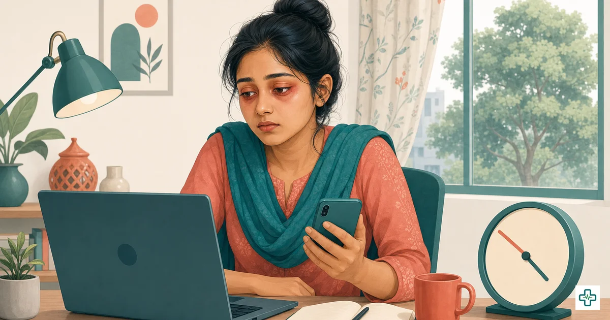 Illustration of a person doing the 20-20-20 eye break from a computer screen