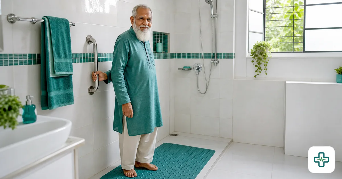 Photorealistic image of a brightly lit Bangladeshi bathroom with a grab bar, non-slip mat and an elderly man holding the rail safely