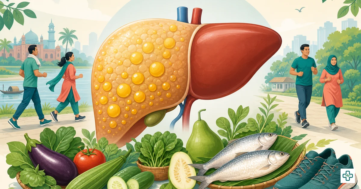 Illustration comparing a healthy liver and a fatty liver with vegetables and exercise icons