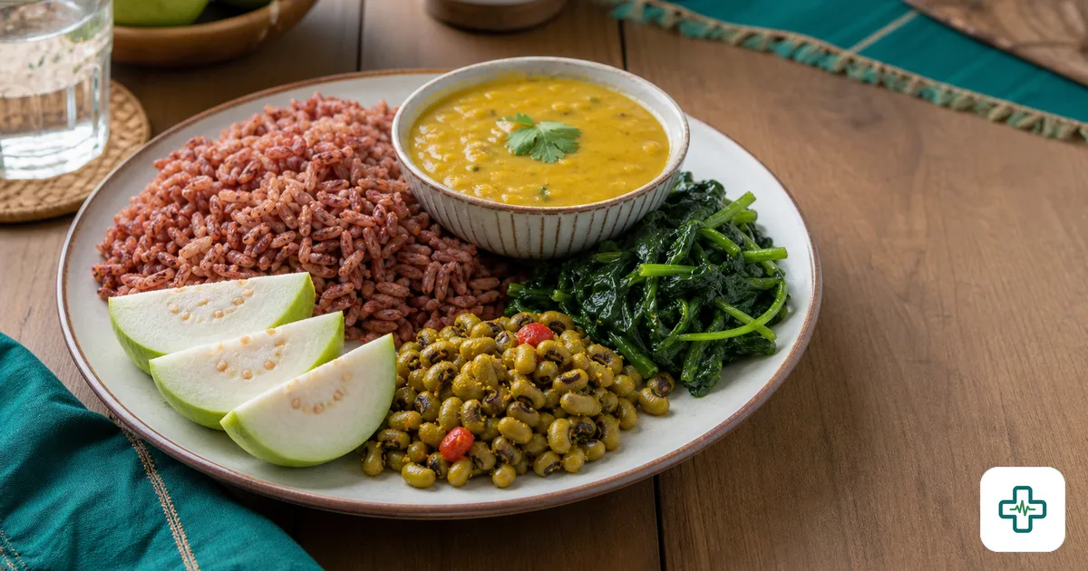 A colourful Bangladeshi plate with red rice, dal, leafy greens, beans and fresh guava arranged on a wooden table