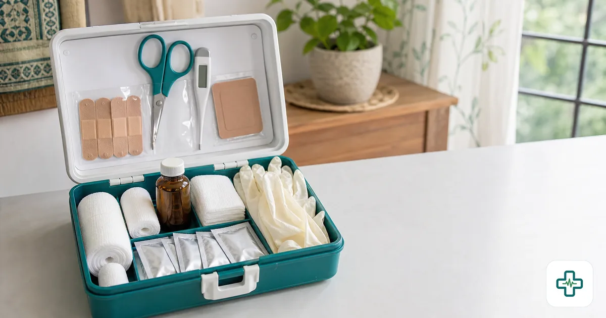 An open home first-aid box neatly arranged with gauze rolls, adhesive plasters, antiseptic bottle, scissors, a digital thermometer, gloves, and ORS sachets