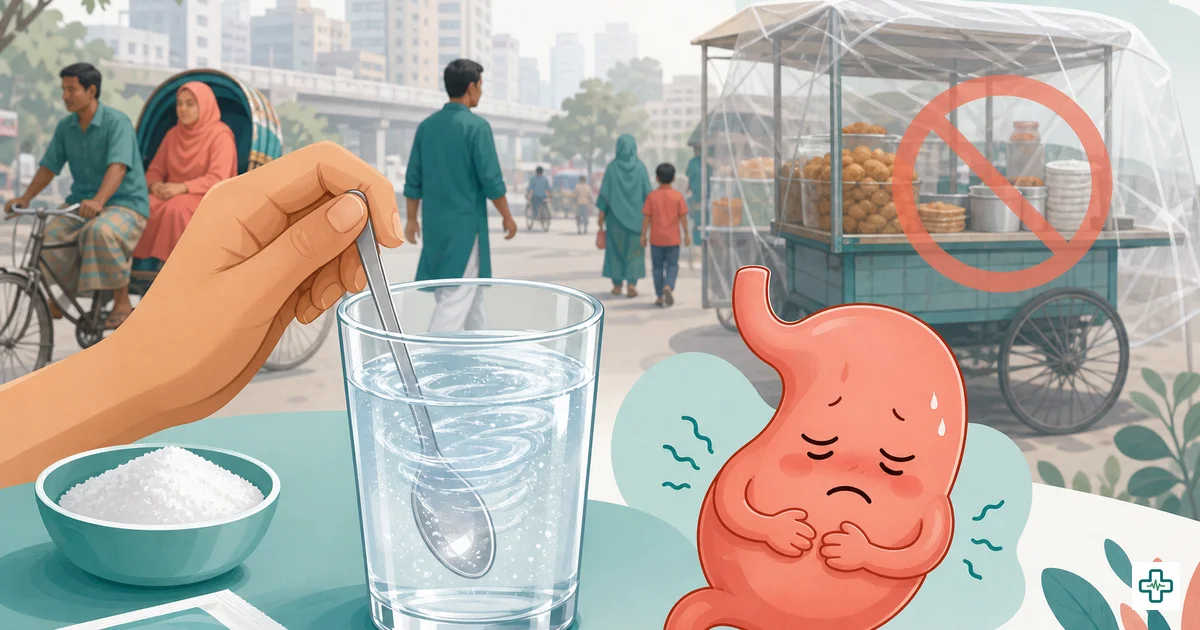 Illustration of ORS packet, glass of saline and home care for diarrhoea