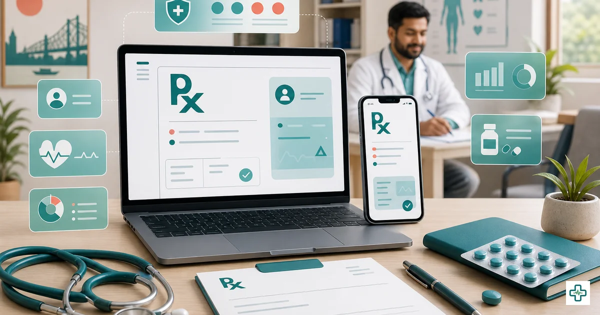 Free e-prescription software on a laptop and phone in a Bangladeshi doctor's chamber, with a prescription pad and Rx symbol