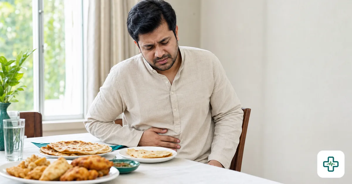 A photorealistic image of a person clutching the upper-right side of the abdomen in pain at a dining table with oily fried food nearby