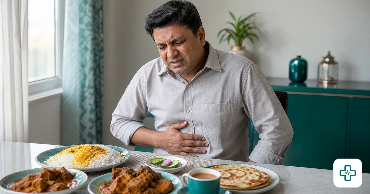 A photorealistic image of a man holding his upper abdomen with a pained expression at a dining table with oily, spicy Bangladeshi food and a cup of strong tea in front of him