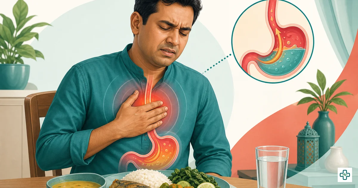Illustration of gastric acidity with burning chest, stomach acid reflux and healthy food remedies