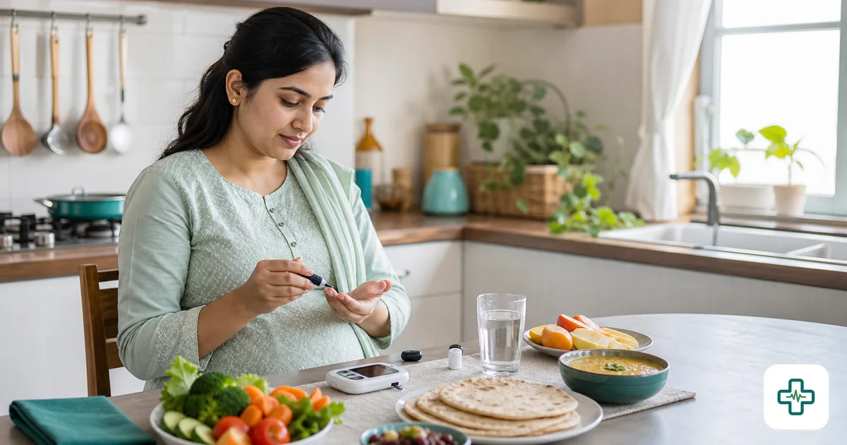 A photorealistic image of a pregnant Bangladeshi woman checking her blood sugar with a glucometer at a kitchen table set with healthy food