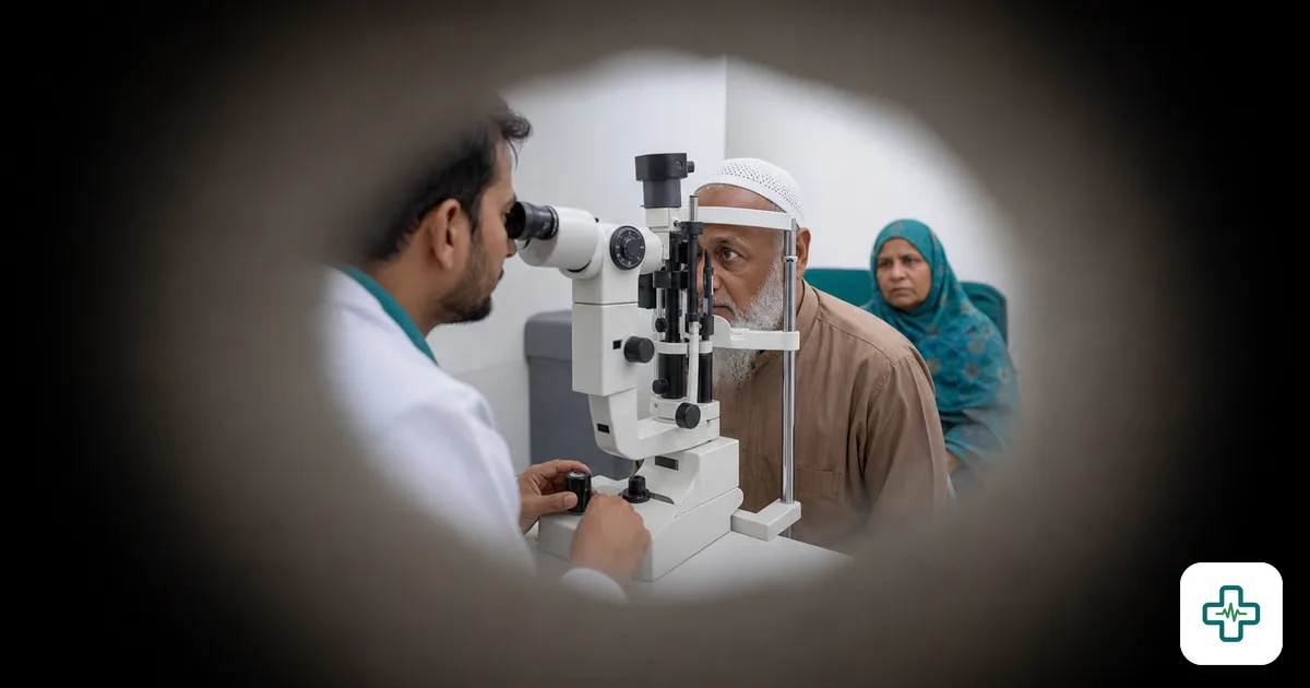 Photorealistic image showing a person's view through a narrowing dark tunnel illustrating peripheral vision loss from glaucoma, with an eye-pressure test in the background