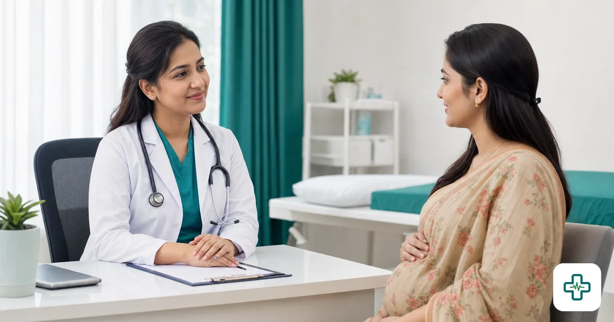 Bangladeshi female gynecologist consulting a pregnant patient in a private, comfortable chamber