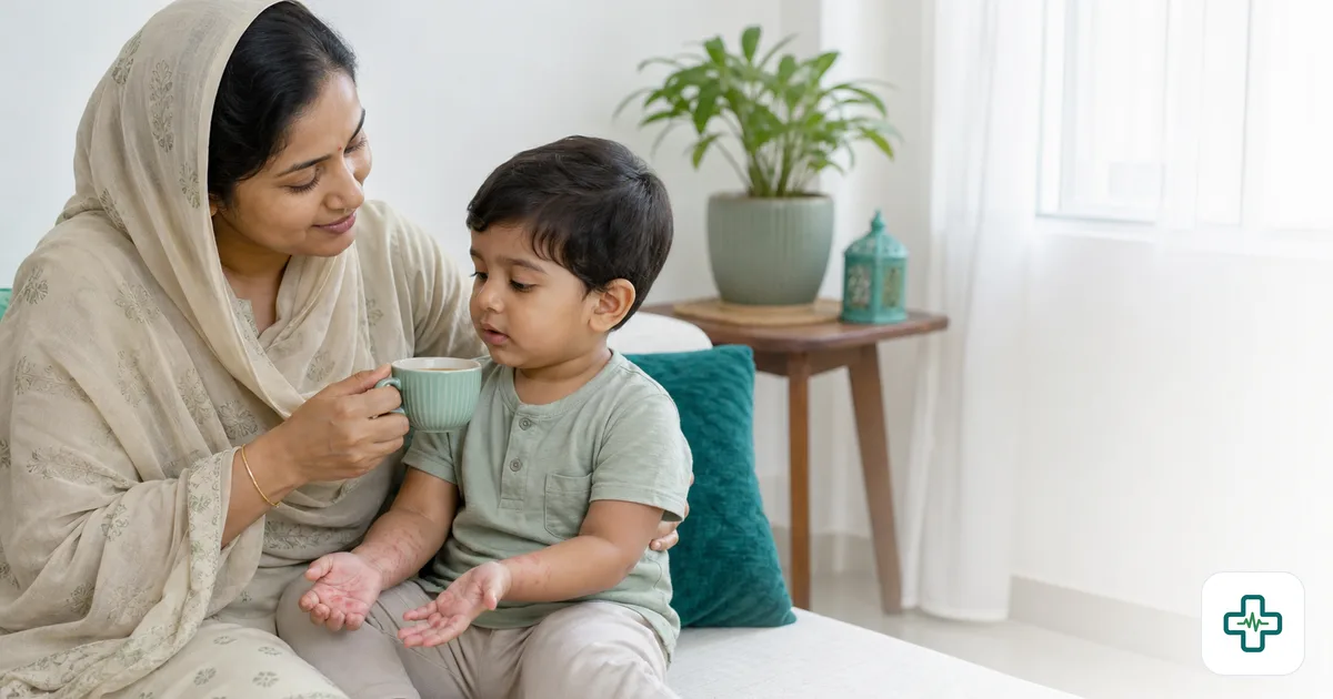 A mother gently caring for her toddler who has a mild rash on the hands, offering a cup of fluids at home