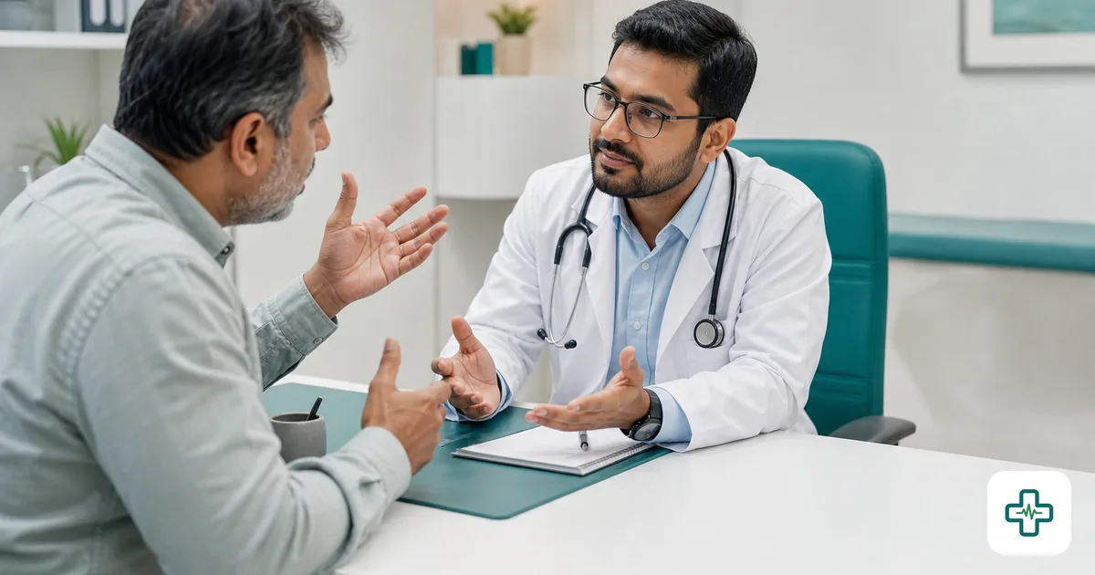 Calm Bangladeshi doctor listening empathetically to a frustrated patient across the consultation desk