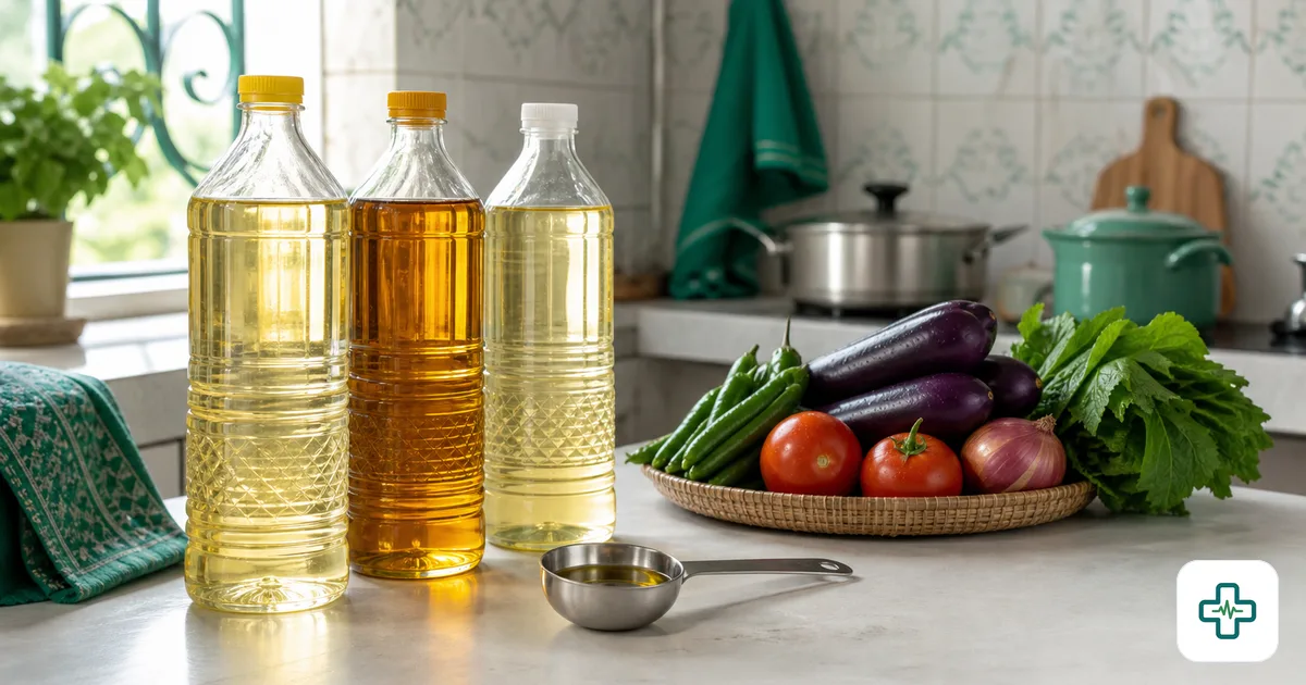 A range of cooking oil bottles including soybean, mustard and rice bran beside a measuring spoon and fresh vegetables in a Bangladeshi kitchen