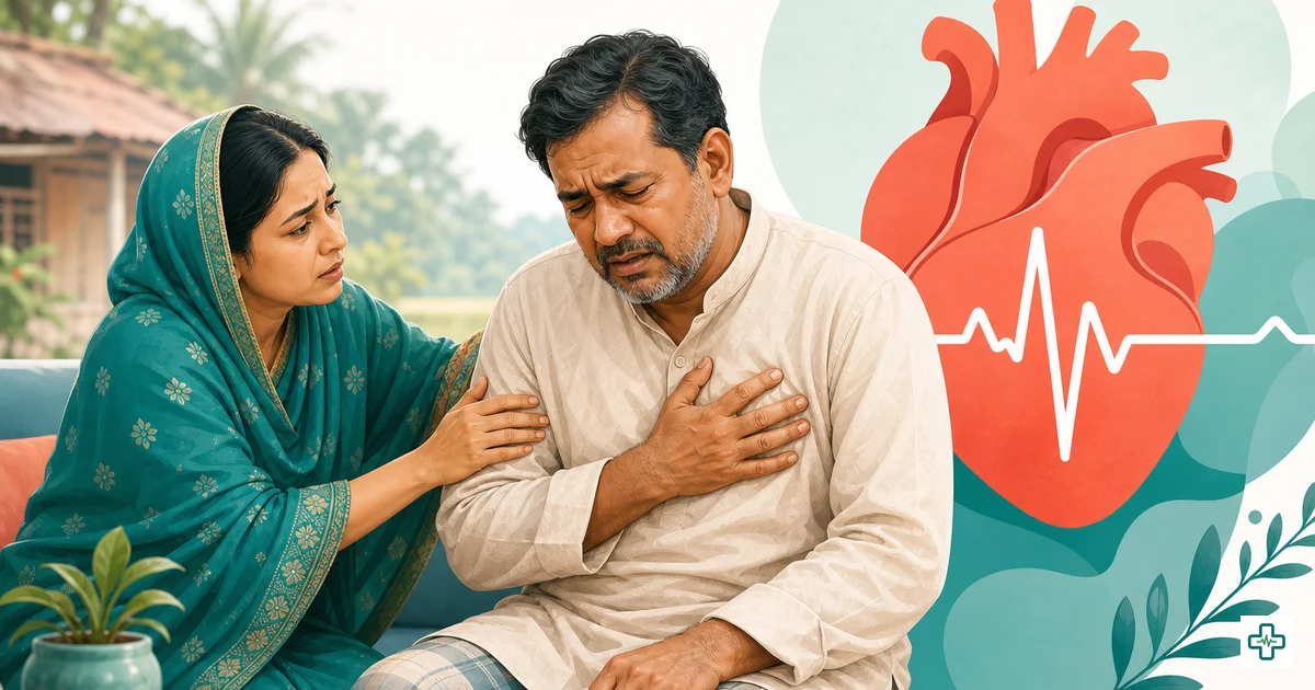 Illustration showing seven heart attack warning signs on a worried man clutching his chest