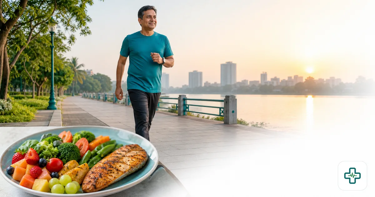 A middle-aged Bangladeshi person brisk-walking outdoors at sunrise beside a plate of heart-healthy food with vegetables, fish and fruit