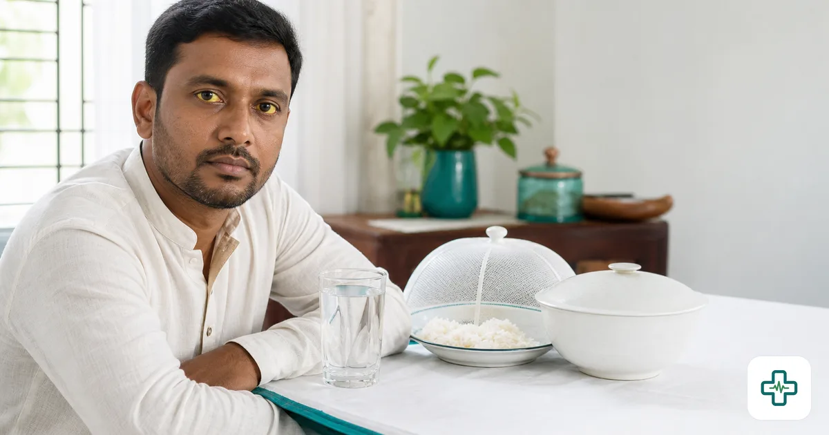 A glass of clean boiled water beside freshly cooked covered food, with a person showing yellow-tinged eyes from jaundice in soft daylight