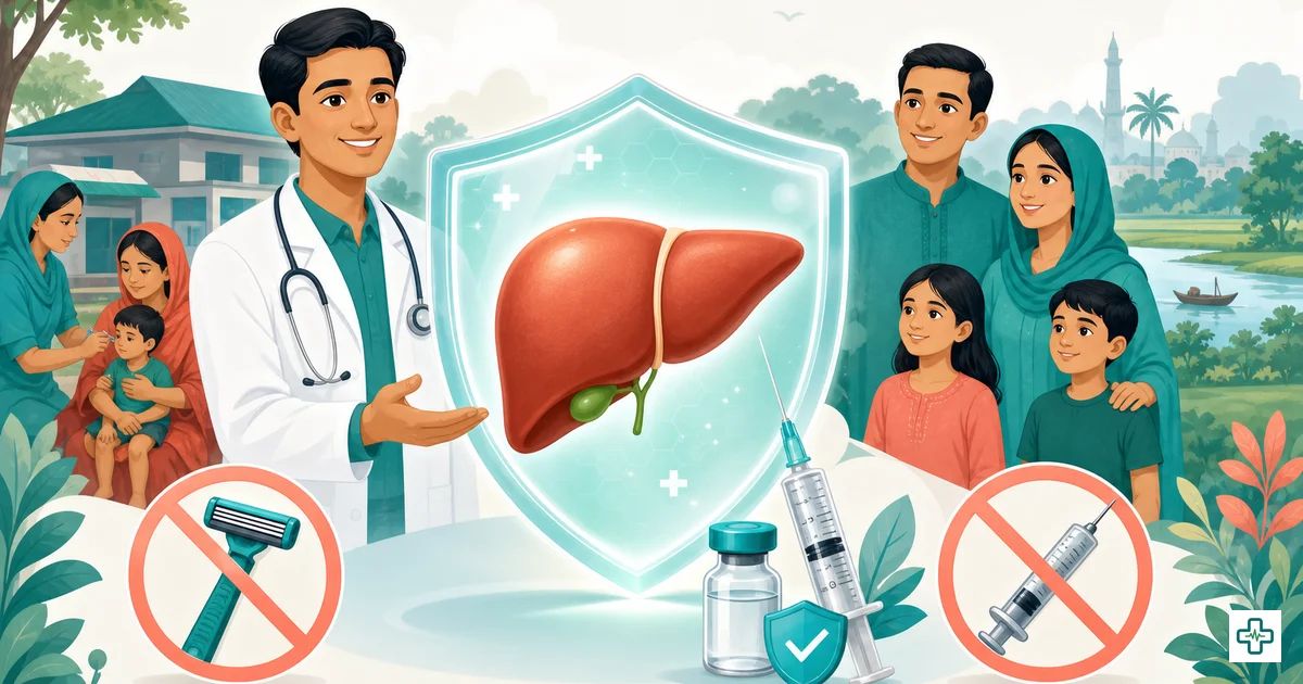 Illustration of a liver with a hepatitis B vaccine syringe and blood test