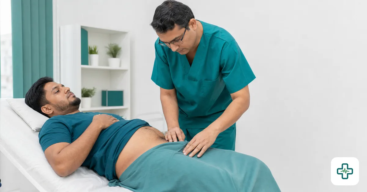 A general surgeon gently examining the lower abdomen of a male patient lying on a clinic bed to check for a hernia bulge