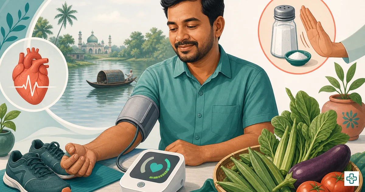 Illustration of blood pressure monitor, healthy heart and lifestyle changes to control hypertension