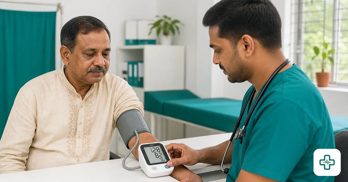 A photorealistic image of a healthcare worker measuring an older Bangladeshi man's blood pressure with a digital arm monitor in a clinic, the display showing the reading clearly