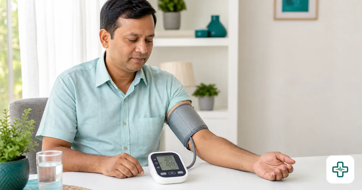 A person seated calmly at a table with a digital upper-arm blood pressure monitor cuff fitted, the display showing a reading, arm resting at heart level