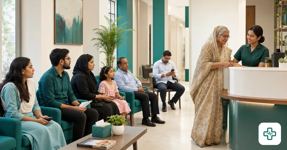 Busy Bangladeshi doctor's chamber waiting room full of patients being helped by a friendly receptionist