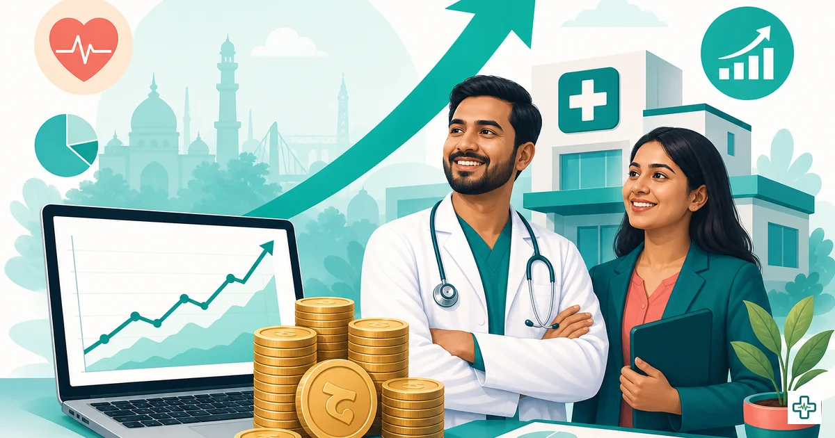 A clinic owner in Bangladesh reviewing daily collection and per-doctor profit reports on a laptop instead of a paper cash register
