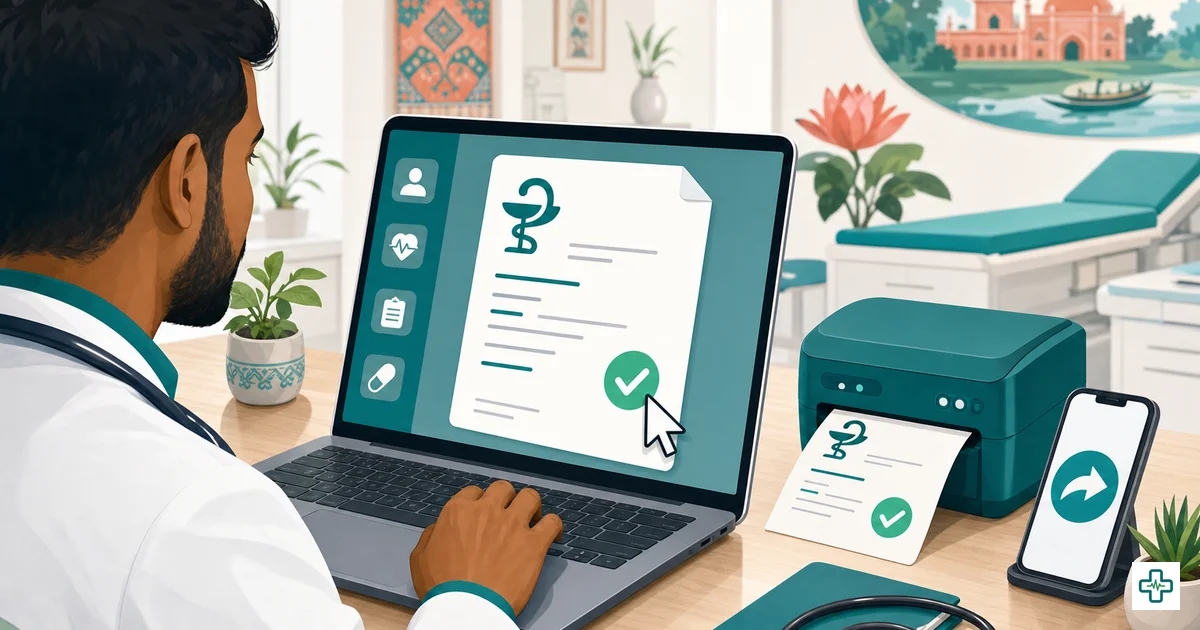 Doctor making a prescription online for free on a laptop, with options to print and share