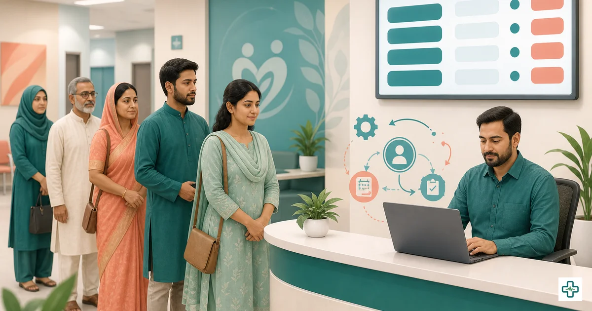 Bangladeshi clinic manager reviewing the patient serial board and daily collection report at a busy reception desk